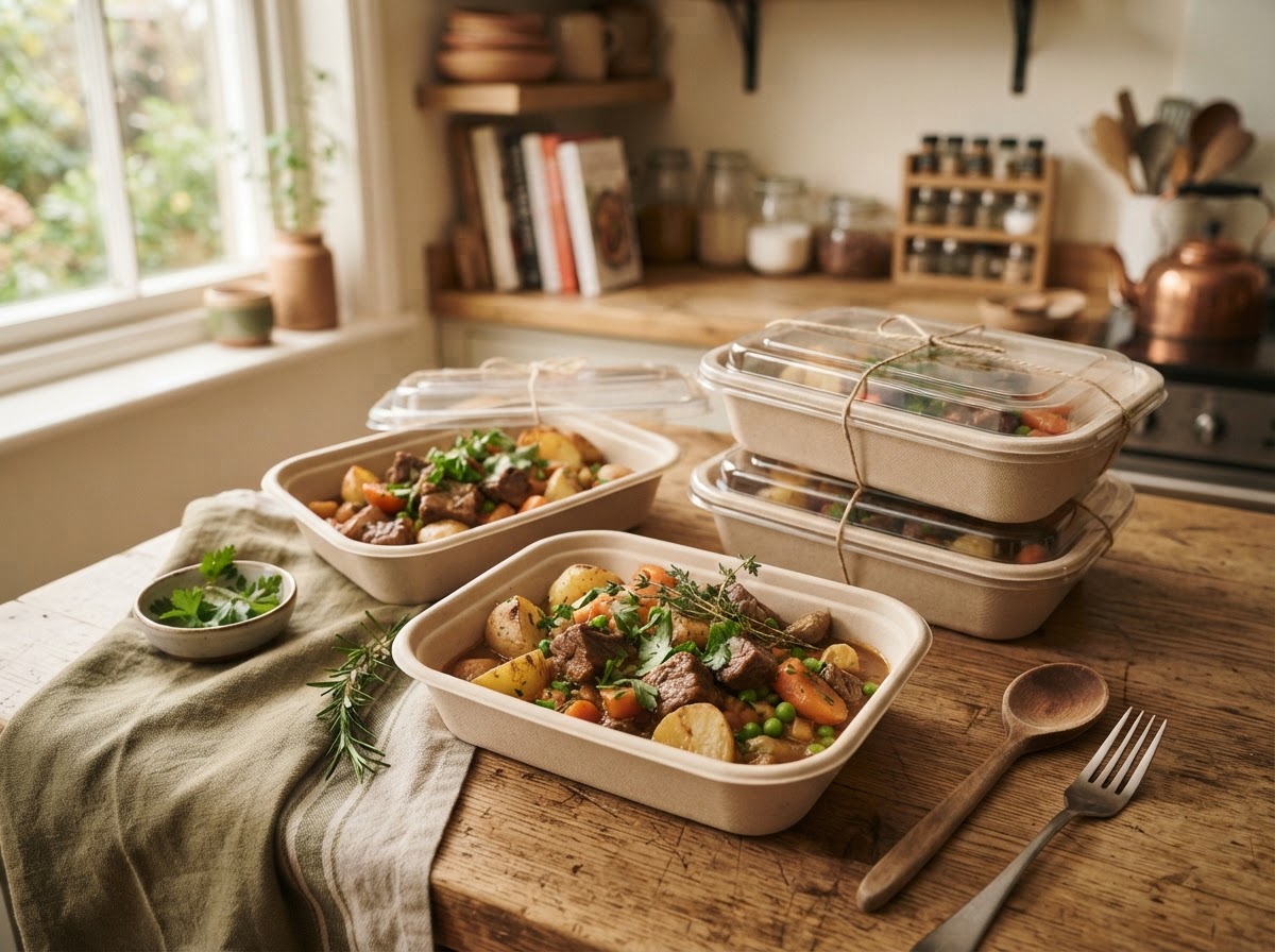 Freshly prepared halal homemade meals packed in eco-friendly containers